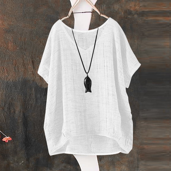 Women's T shirt Solid Color Short Sleeve T-Shirt Casual Loose Thin Breathable Cotton Linen T Shirt Summer Top White