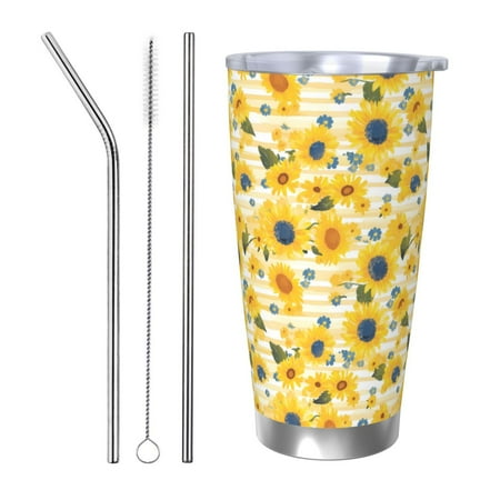 

KLL Blue Floral Sunflower Print 40oz Stainless Steel Insulated Car Cup with Spillproof Lid - Keep Your Drink Hot or Cold on the Go-Straw Three-piece Set