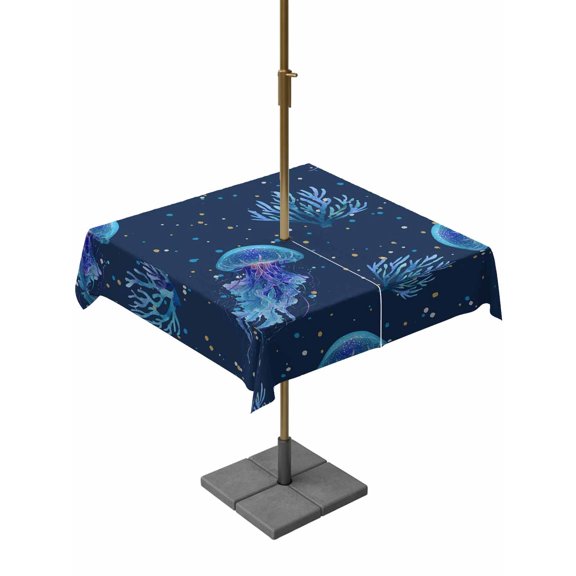 Outdoor Tablecloth with Umbrella Hole for Patio/Picnic/Party/Camping, Coastal Corals Waterproof Table Cloth Square Cover Washable, Nautical Jellyfish Navy Purple Polka Dots (54"x 54")