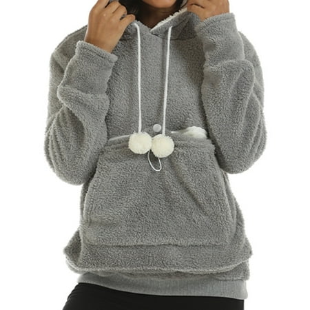 Bmisegm Women s Autumn & Winter Thick Hoodies for Women with Large Pocket Solid Color Pet Hoodie Grey L