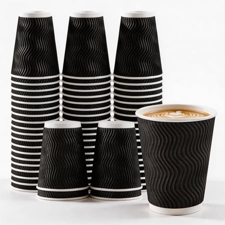 12 oz Disposable Paper Coffee Cups 100 Pack, Leak Proof Insulated Ripple Wall To-Go Cups for Hot/Cold Drinks, Cafe, Office, Party, Catering, Events (Black)
