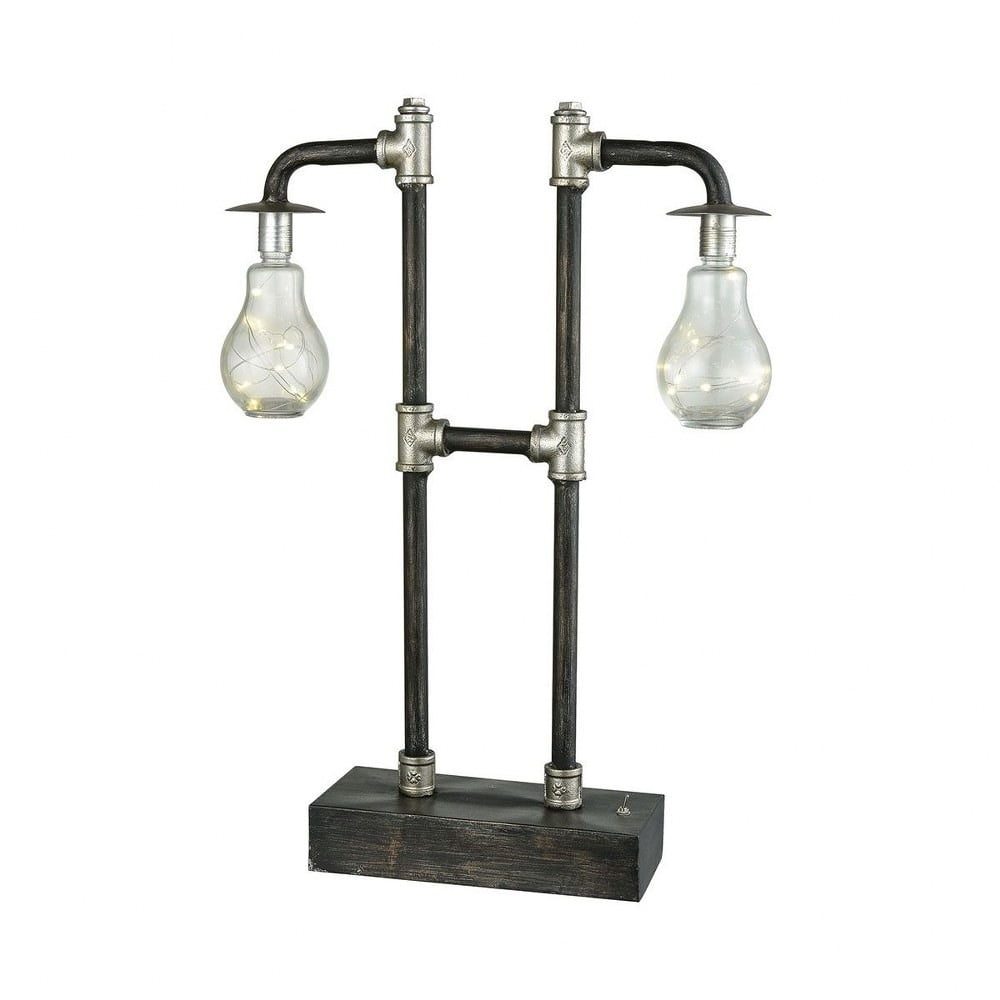 Two Light LED Black Finish Industrial Table Lamp with Silver Accents