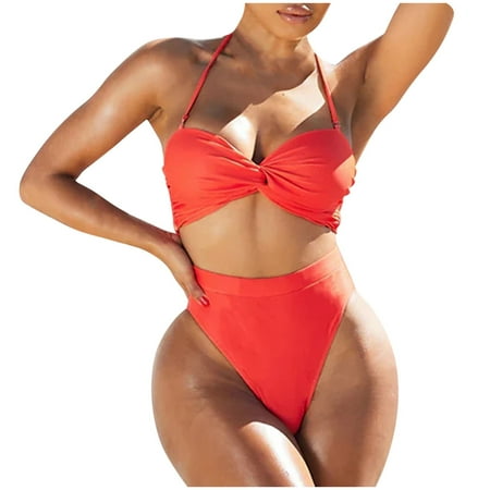 Hfyihgf Women s Bikini Sets Two Piece Bathing Suits Halter Push Up Bikini Swimsuits High Waist Thong Bottom Swimwear(Orange M)