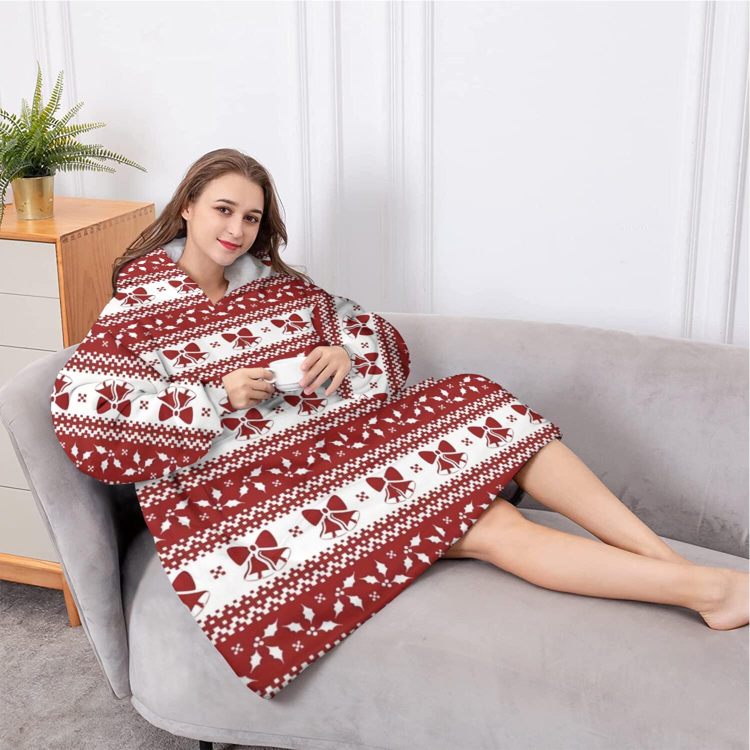 Oversized Wearable Blanket Hoodie,Red Christmas Knitted Pattern Sherpa Blanket Hoodie with Super Pockets,Super Warm Fuzzy Pullover for Women & Men