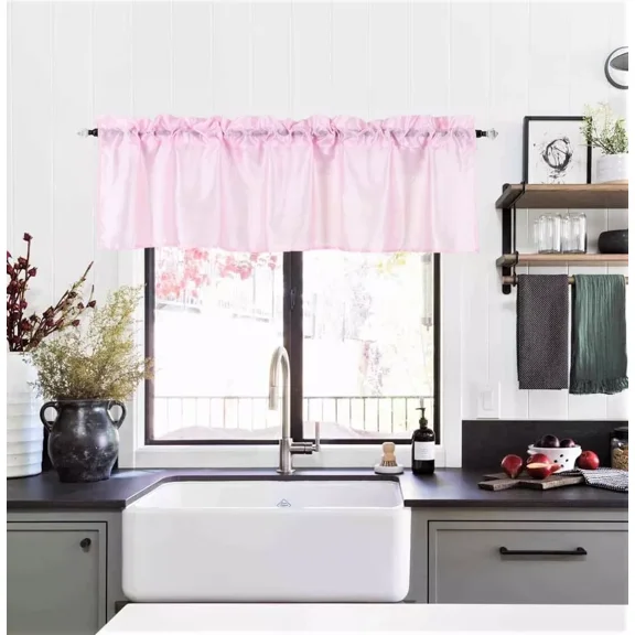 1 piece S18 luxury straight sheer faux silk window curtain valance for kitchen bathroom decor with rod pocket on top baby pink color 55" wide X 18" long