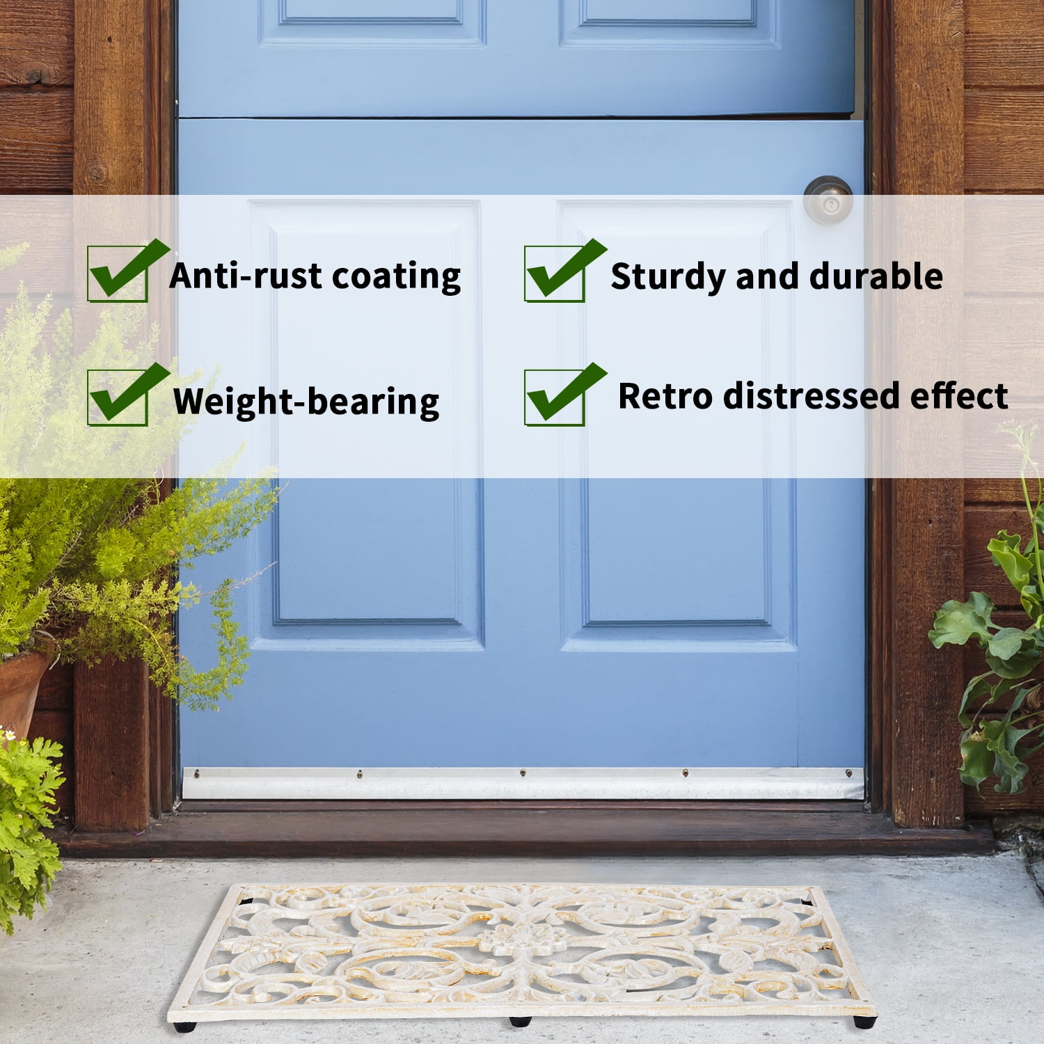 Sungmor Decorative Cast Iron Doormat, Heavy Duty Outdoor Entry Mat with Vintage Scroll Design, Weatherproof Non-Slip Metal Welcome Mat for Front Porch, Patio, Garden Entrance, Antique White Finish