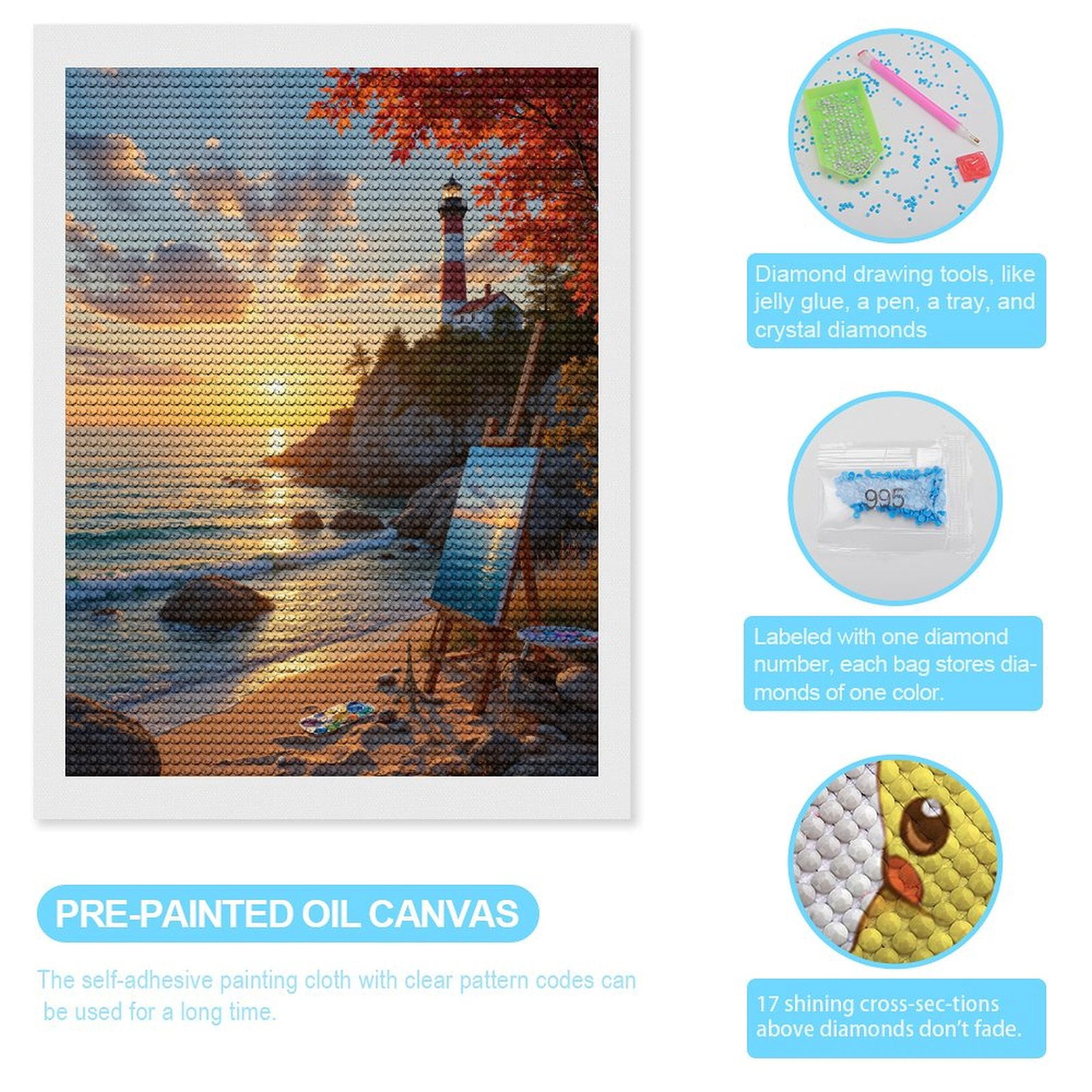 Diamond Art Kits for Adults, Lighthouse Sunset Beach Painting Autumn 5D Diamond Painting Kits for Adults Beginners, DIY Full Drill Diamond Painting, Gem Art and Crafts 12x16