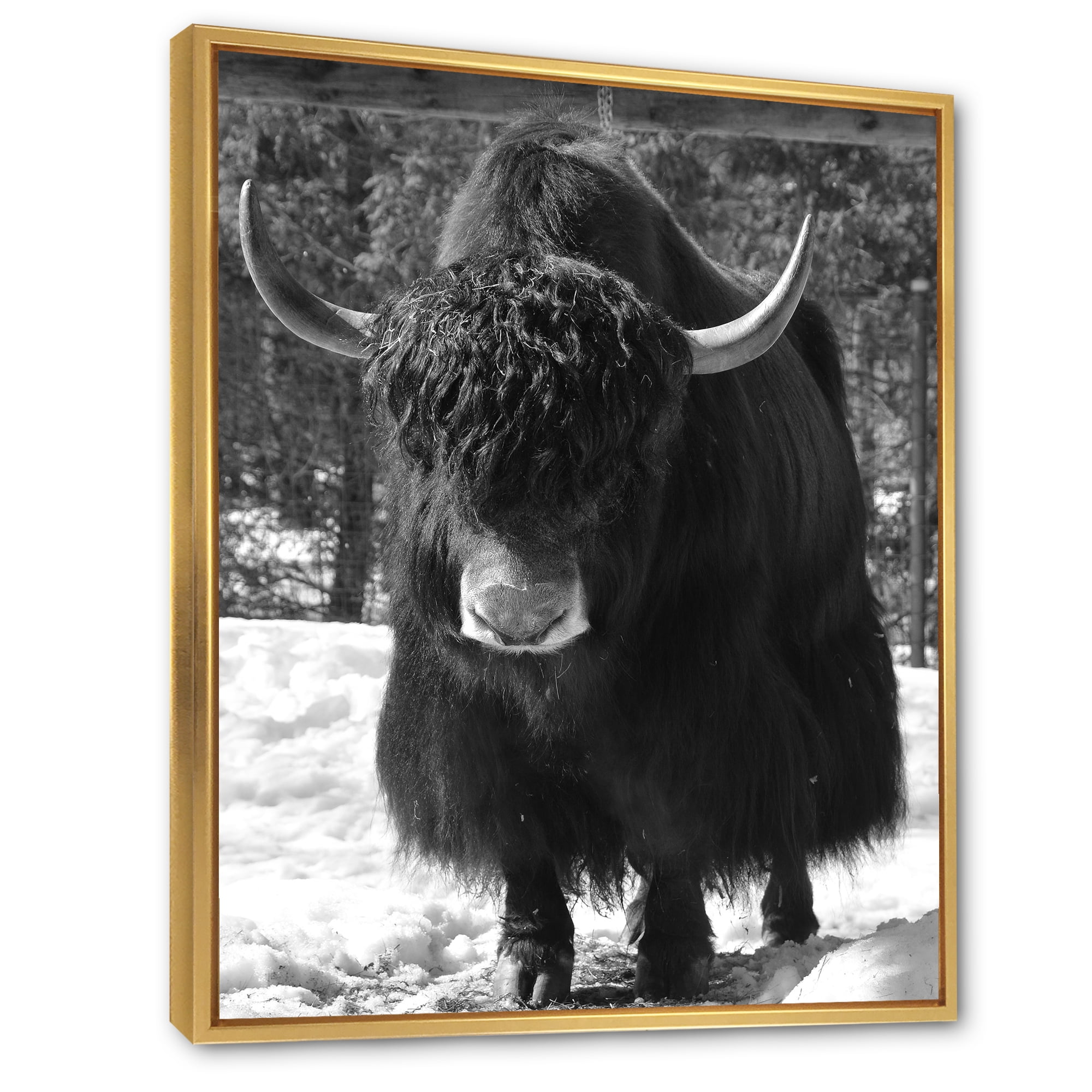 Portrait Of Monochrome Wild Bull In Winter Forest I 24 in x 32 in Framed Painting Canvas Art Print, by Designart