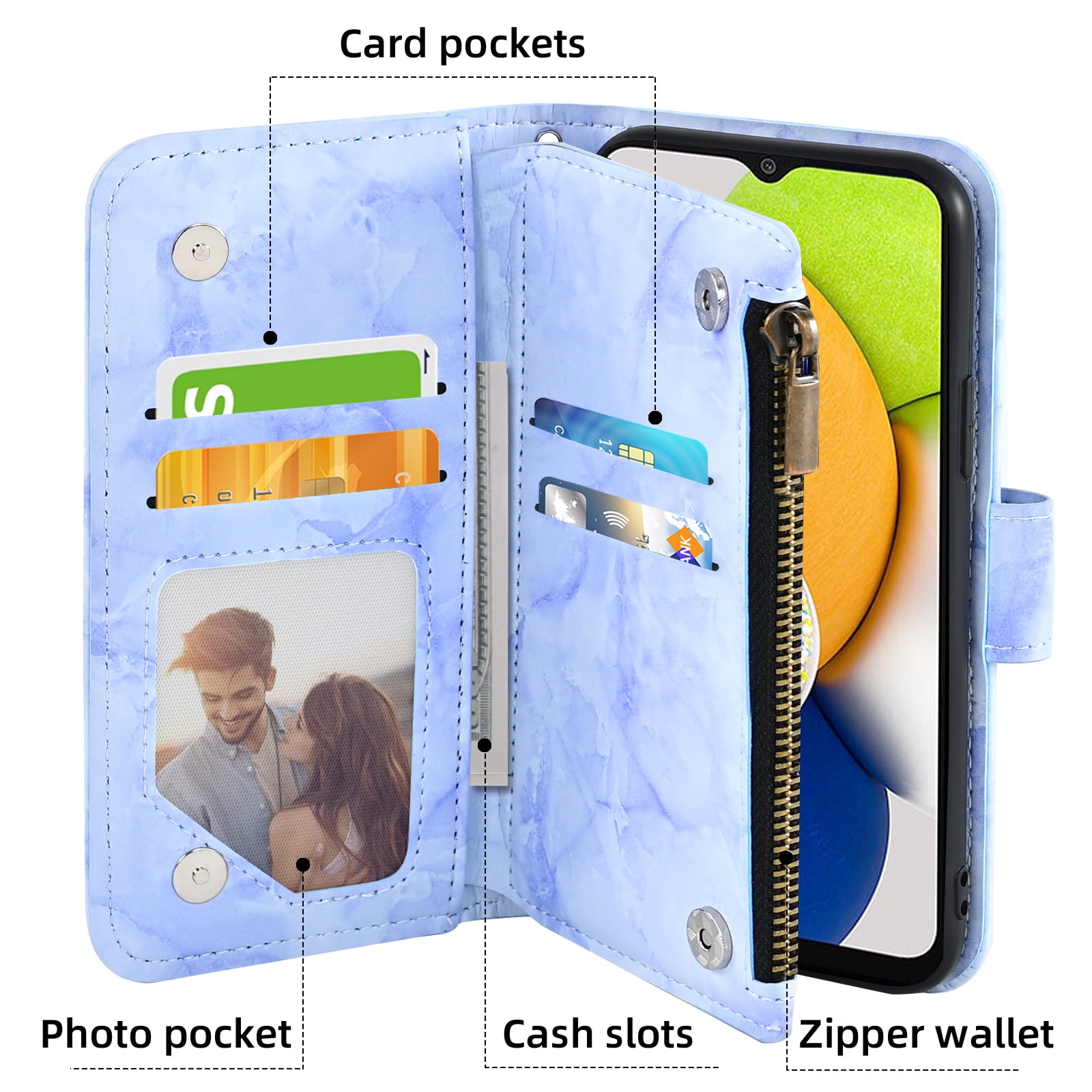 Asuwish Compatible with Samsung Galaxy A03 Wallet Phone Case and Tempered Glass Screen Protector Marble Faux Leather Flip Credit Card Holder Stand Zipper Slot Cell Cover for A 03 03A Ao3 Women Blue