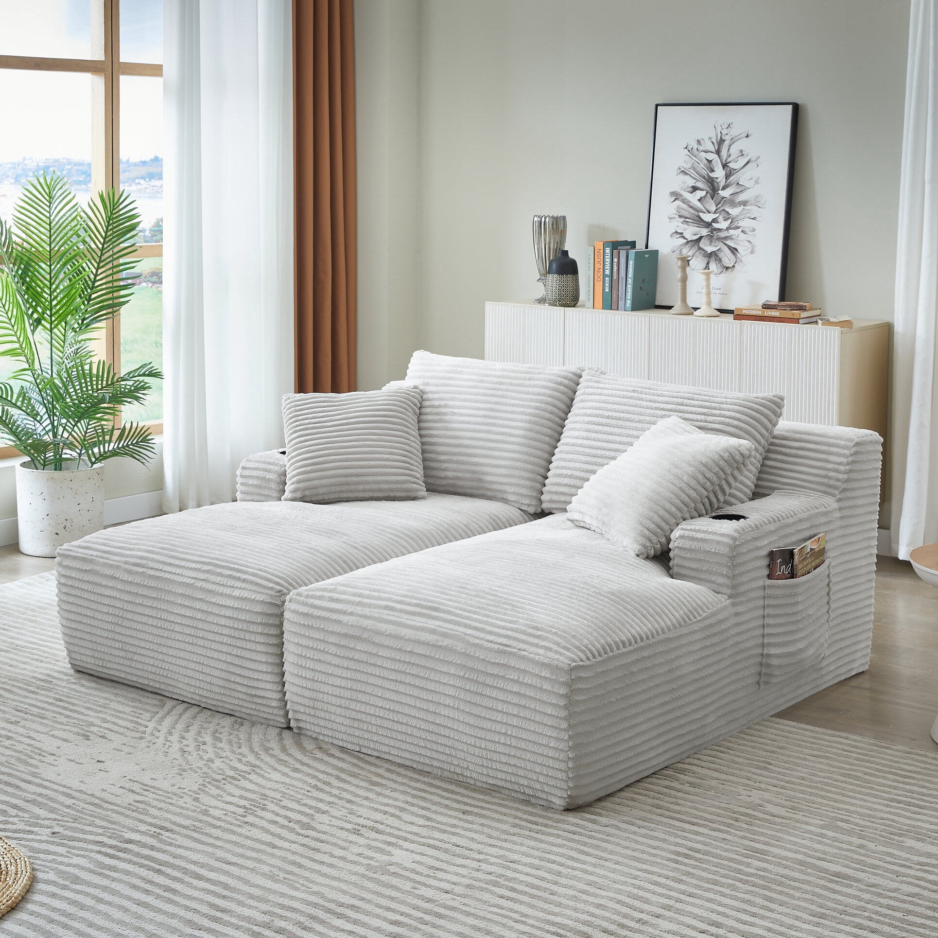71" Oversized Double Chaise Lounges Indoor, Upholstered Corduroy Sofa Bed with Dual Cup Holders, Sectional Sleeper Loveseat for Living Room, Light Grey
