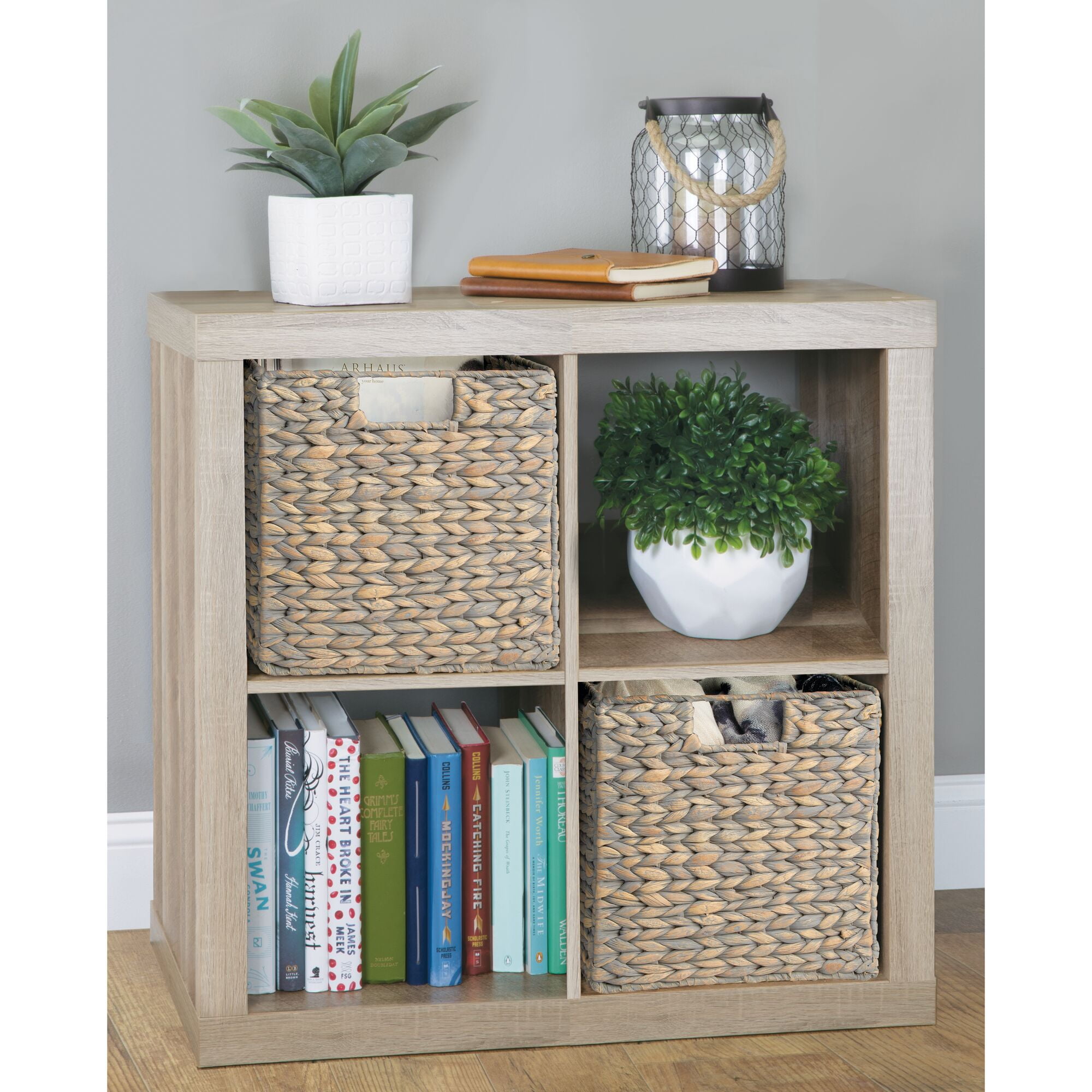mDesign Hyacinth Woven Cube Bin Basket Organizer, Handles, 6 Pack, Gray Wash