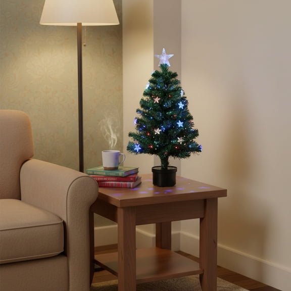 Northlight 3' Prelit Artificial Christmas Tree Color Changing Fiber Optic with Stars