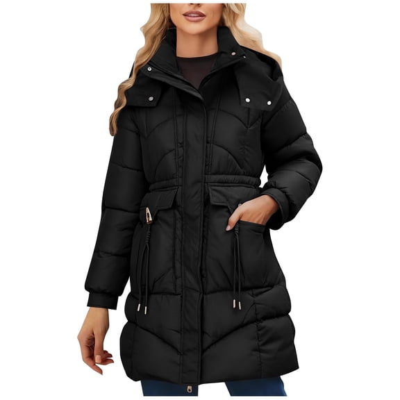XPMWRP Women's Quilted Puffer Thickened Hooded Jacket Casual Cinched Waist Zipper Long Coat Solid Color Winter Warm Outerwear with Pockets Black M