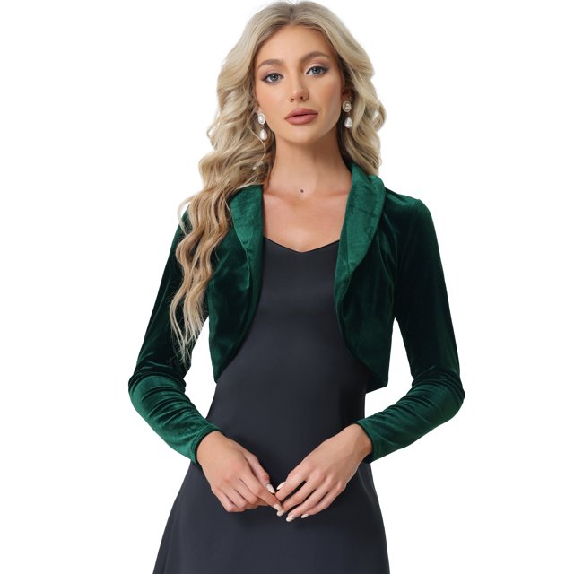 Bolero Elegante de Terciopelo Allegra K Crop Cardigan Cóctel Chaqueta Corta Verde oscuro XS