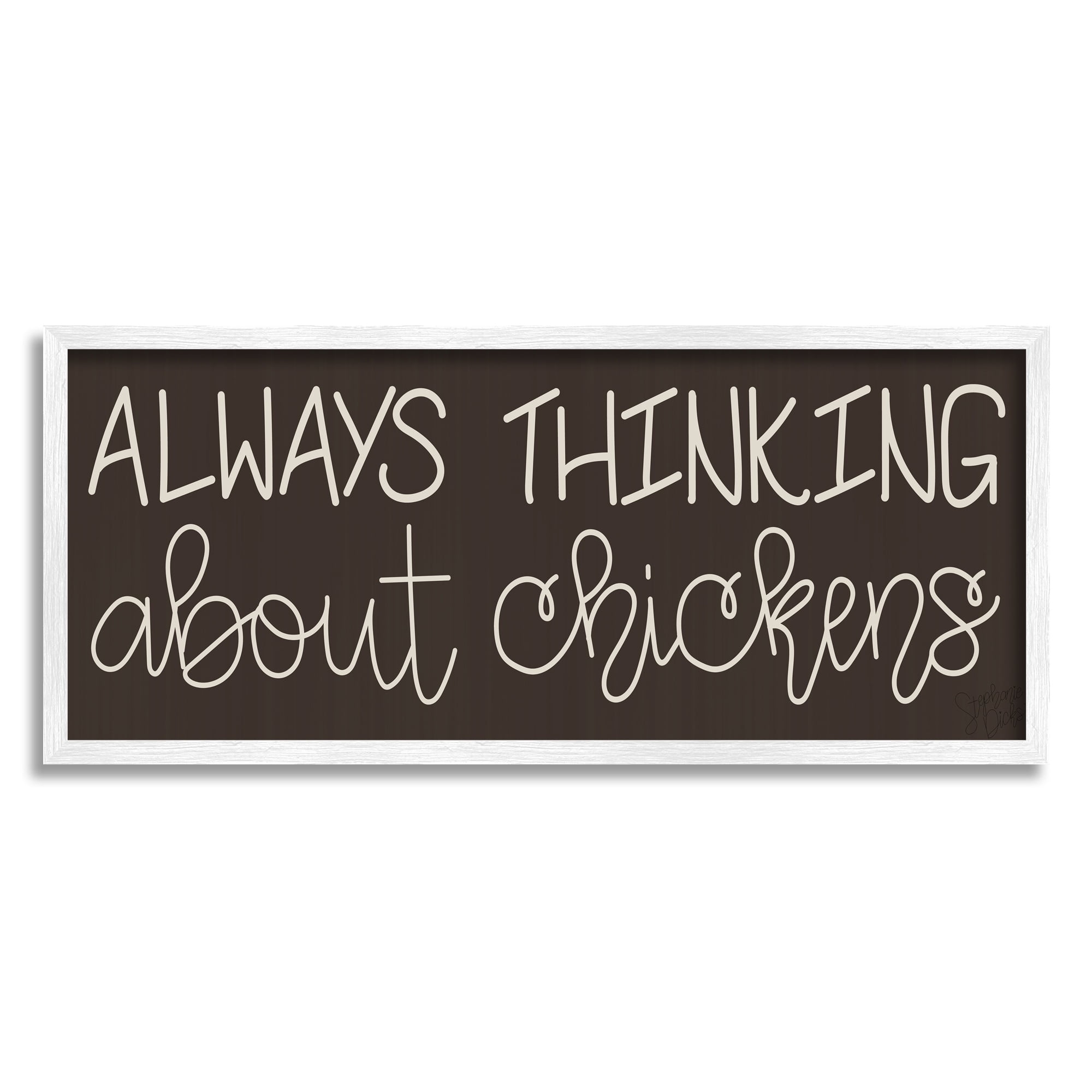 Stupell Industries Always Thinking About Chickens Phrase Minimal Farm Typography Landscape Painting Black Framed Art Print Wall Art, 13 x 30