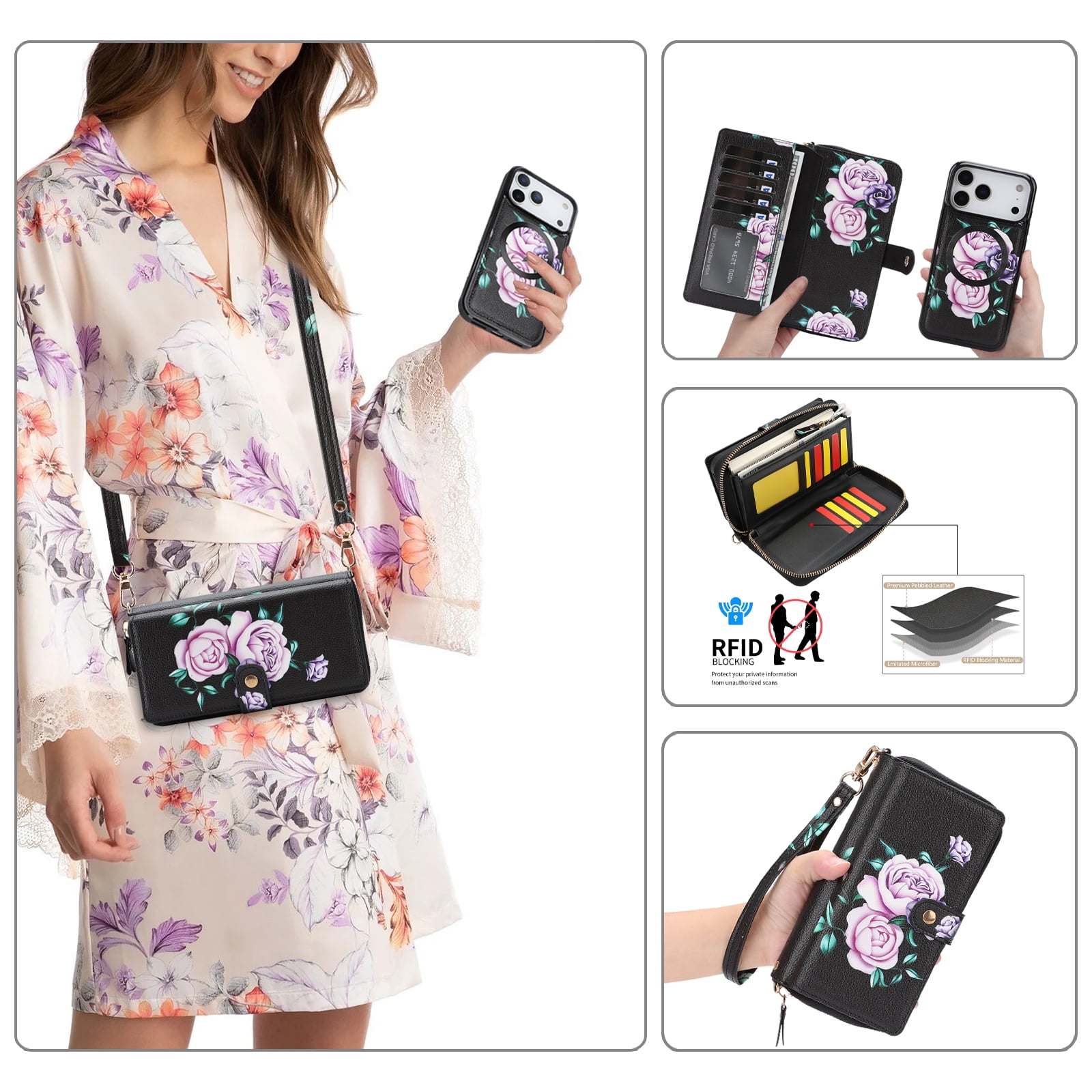 TECH CIRCLE 2-in-1 Wallet Case for iPhone 16 (6.1", 2024), Detachable Magnetic Back Cover, Flip Flower Phone Case with 15 Card Slots, Zipper Pocket, Crossbody Strap, Wrist Strap, Black