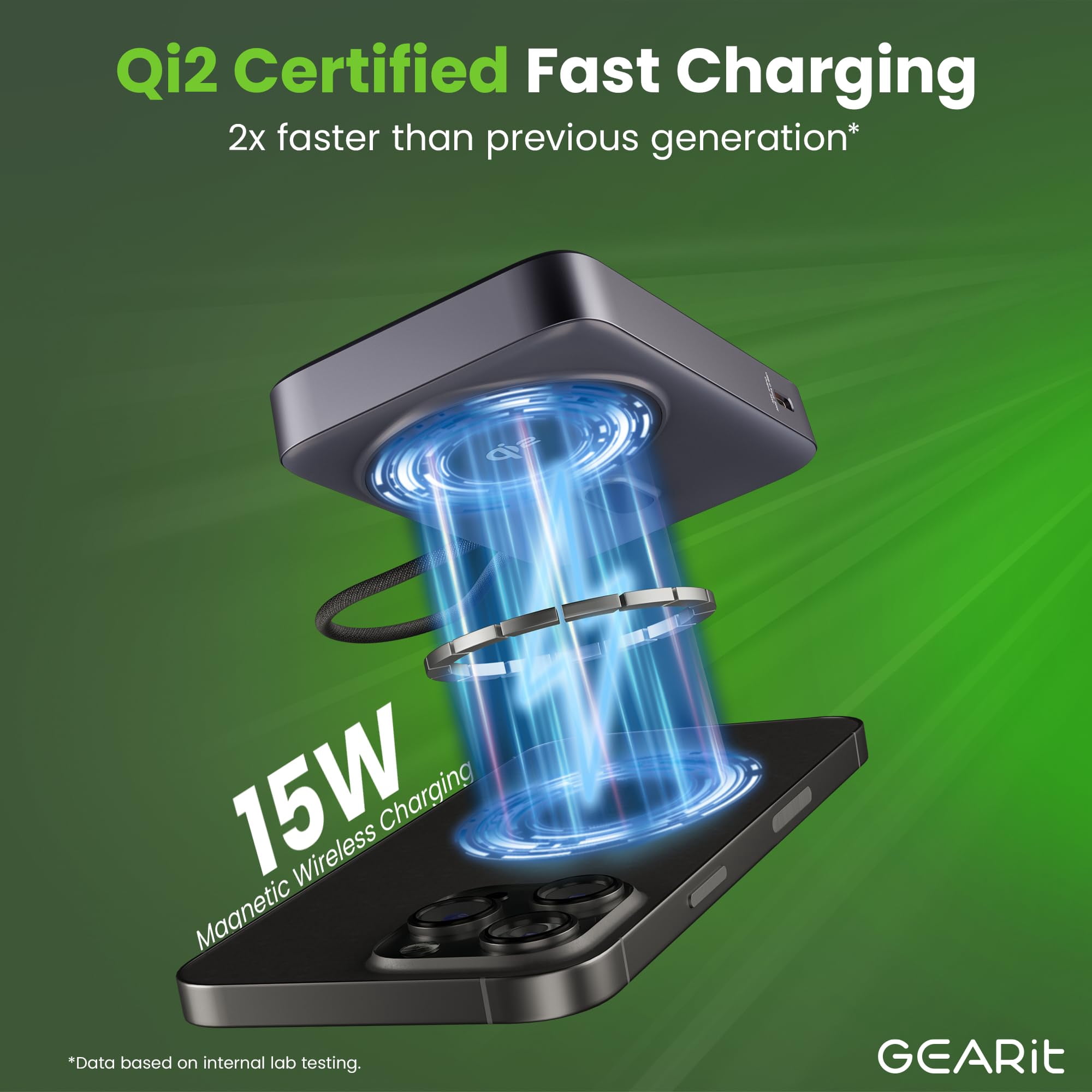 GEARit 10000mAh Qi2 Portable Charger Wireless Power Bank with Built-In USB-C Cable Compact Battery Pack for iPhone & Android