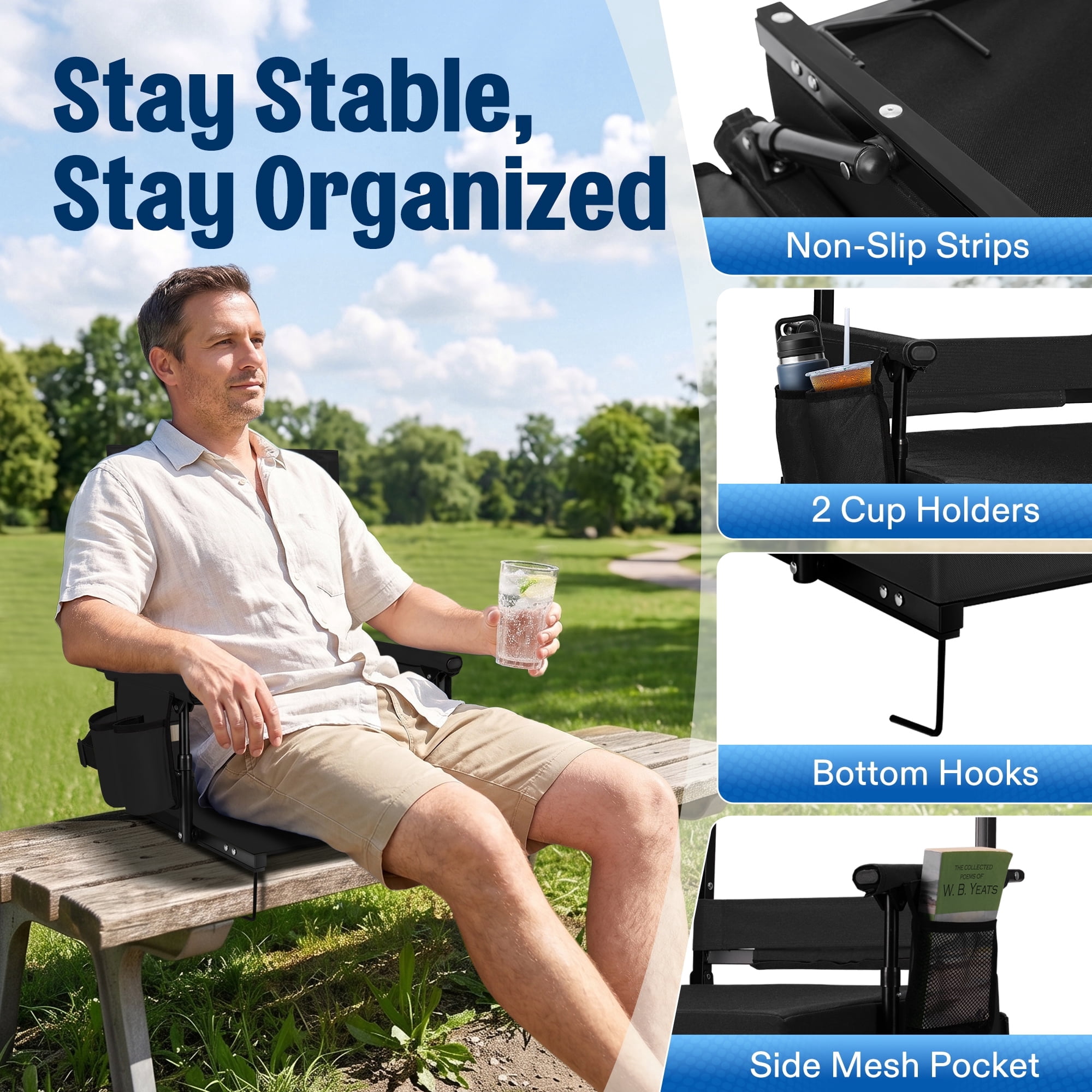 Portable Stadium Seat for Bleachers, Folding Bleacher Chair with Cup Holder,Black,1 Pack