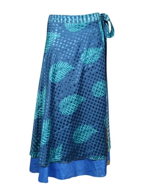 Mogul Women Blue Vintage Silk Sari Magic Wrap Skirt Reversible Printed 2 Layer Sarong Beach Wear Cover Up Long Skirts One Size