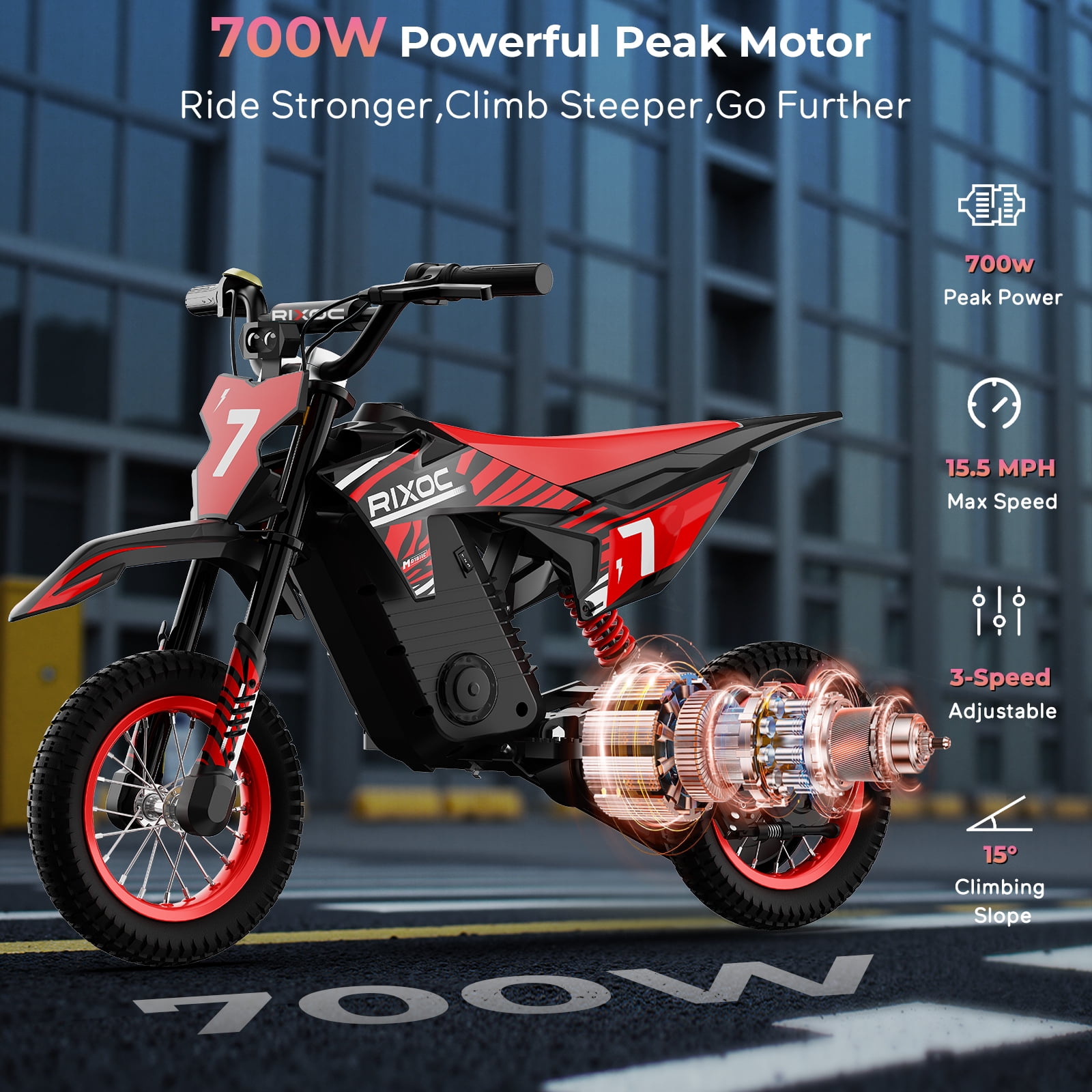 RIXOC DK-12 Electric Dirt Bike,3 Speed Modes up to 15.5 mph, 36V 5.2Ah Peak 700W Max 14Miles Electric Motorcycle for Kids Ages 3-10 UL2272