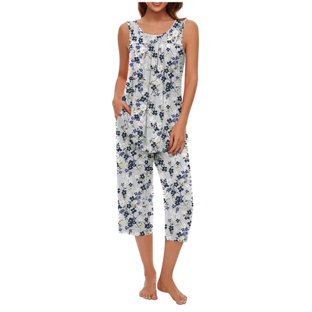 OJinShaWanO Button up Pajamas for Women Shorts Women Soft Sleeveless Tank Top and Capri Pants with Pocket Loungewear Sets Pajamas Sets
