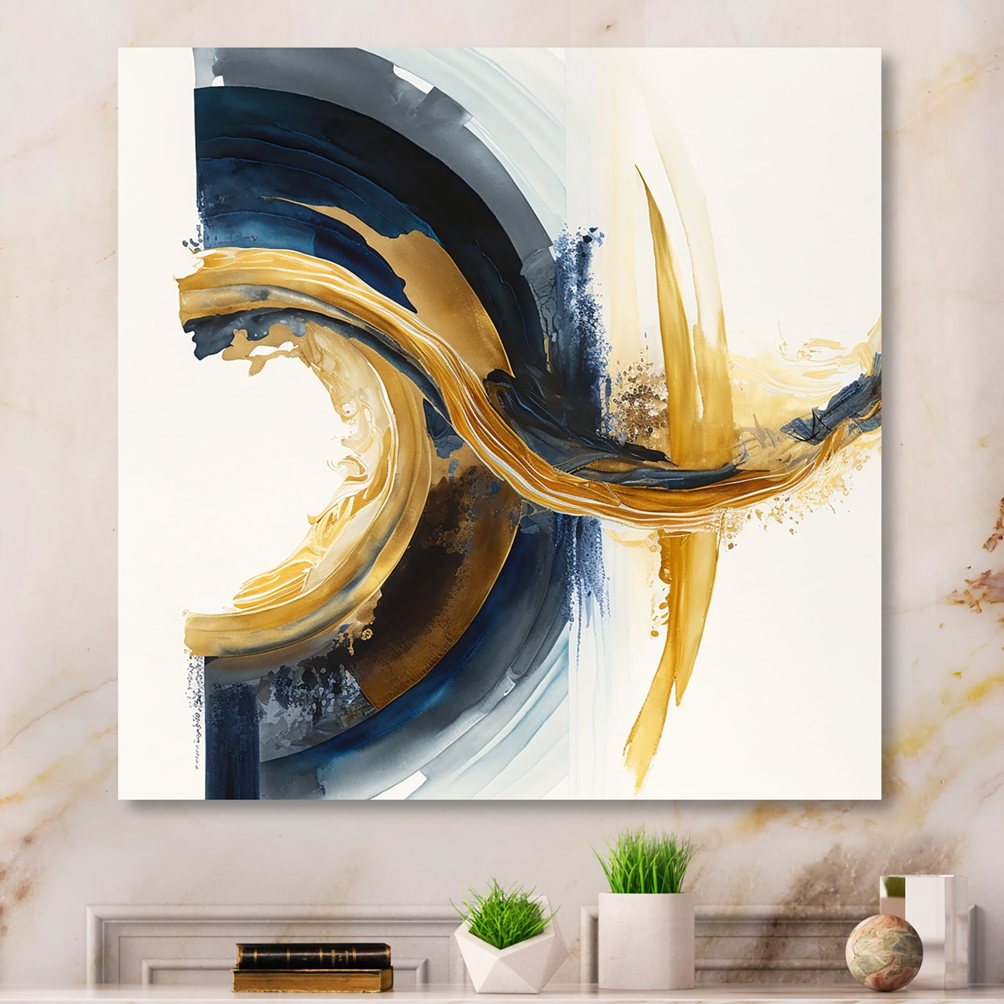 Designart Blue And Gold Swirl Abstract III Canvas Wall Art