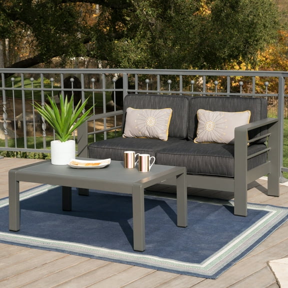 Doris Outdoor Aluminum Loveseat and Coffee Table Set with Cushions, Grey, Dark Grey