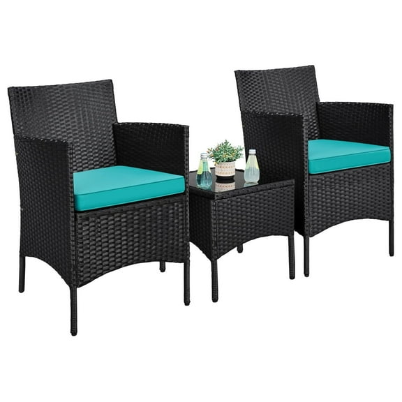3 Pieces Patio Porch Furniture Set, Outdoor PE Rattan Wicker Conversation Set with Soft Cushions, Glass Coffee Table & 2 Chairs for Garden/Deck/Courtyard/Poolside, Black/Cyan