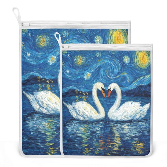2 Pack Mesh Laundry Bags Dark Celestial Swans Durable Polyester Wash Bags with Zipper 2 Sizes Reusable Delicates Bag for Washing Machine Travel Storage