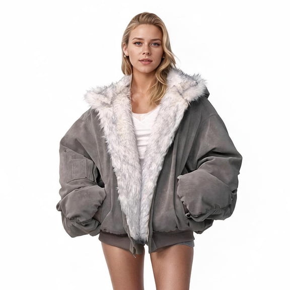 Iyufng Oversized Faux Fur Lined Hooded Jackets for Women Reversible Long Sleeve Zip Up Cropped Winter Coat with Pockets