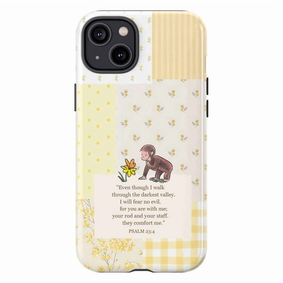 Curious Monkey Psalm 23:4 Phone Case for iPhone 17 16 15 14 13 12 11 Pro Plus Mini, Yellow Christian Bible Verse Cover