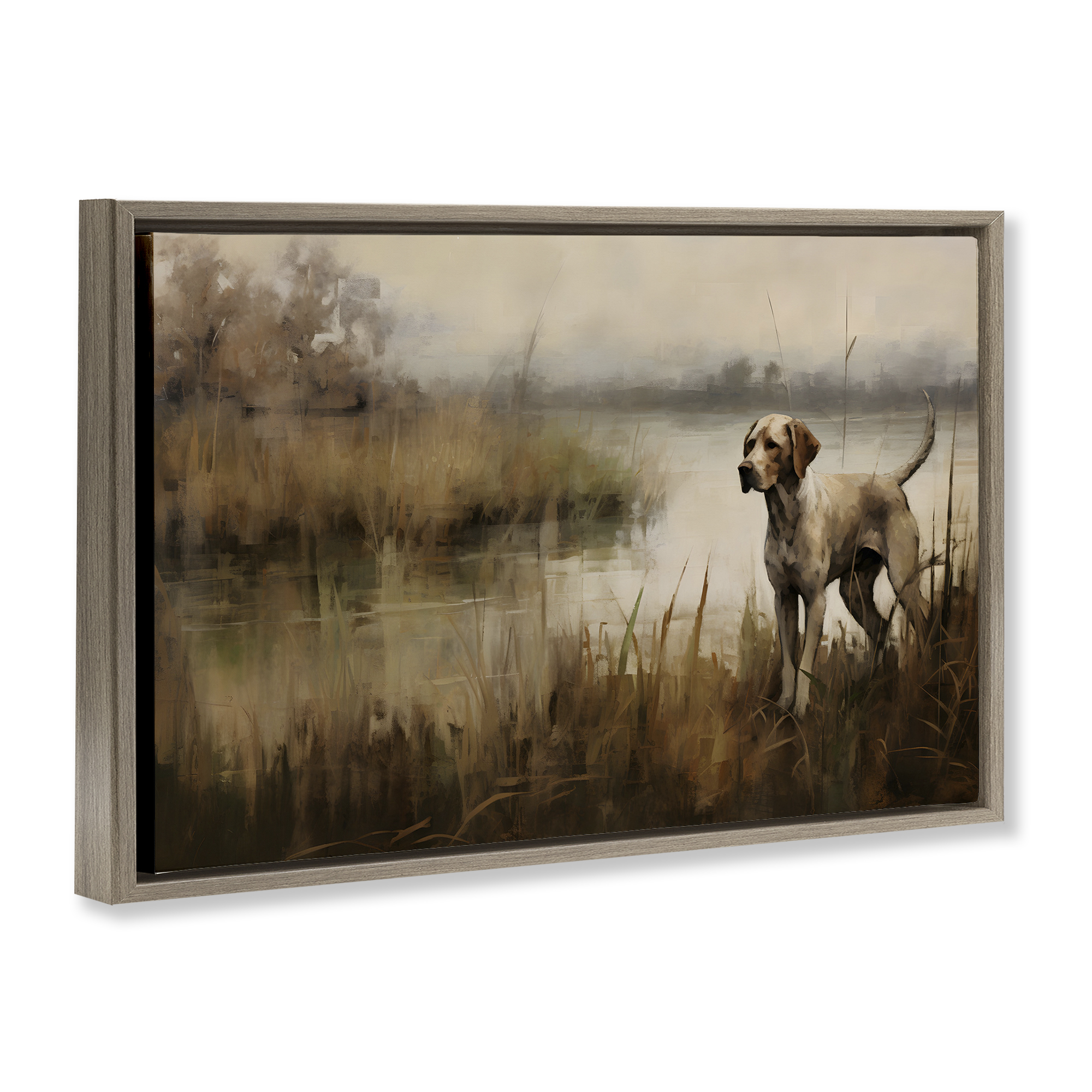 Stupell Industries Hunting Dog in Nature Landscape Painting Brown Floater Framed Canvas Art Print Wall Art, 31 x 21