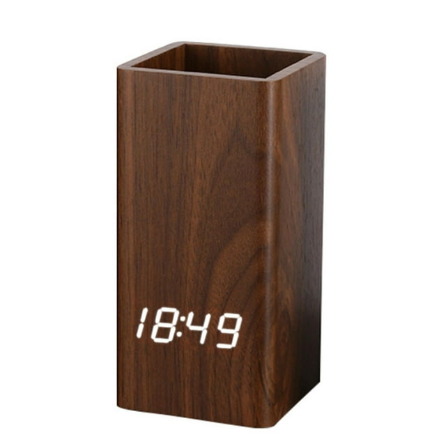 Portalápices Reloj despertador digital Control Tiempo Termómetro Pantalla de fecha Organizador de escritorio LED Portalápices para oficina Marrón Fernando Despertador