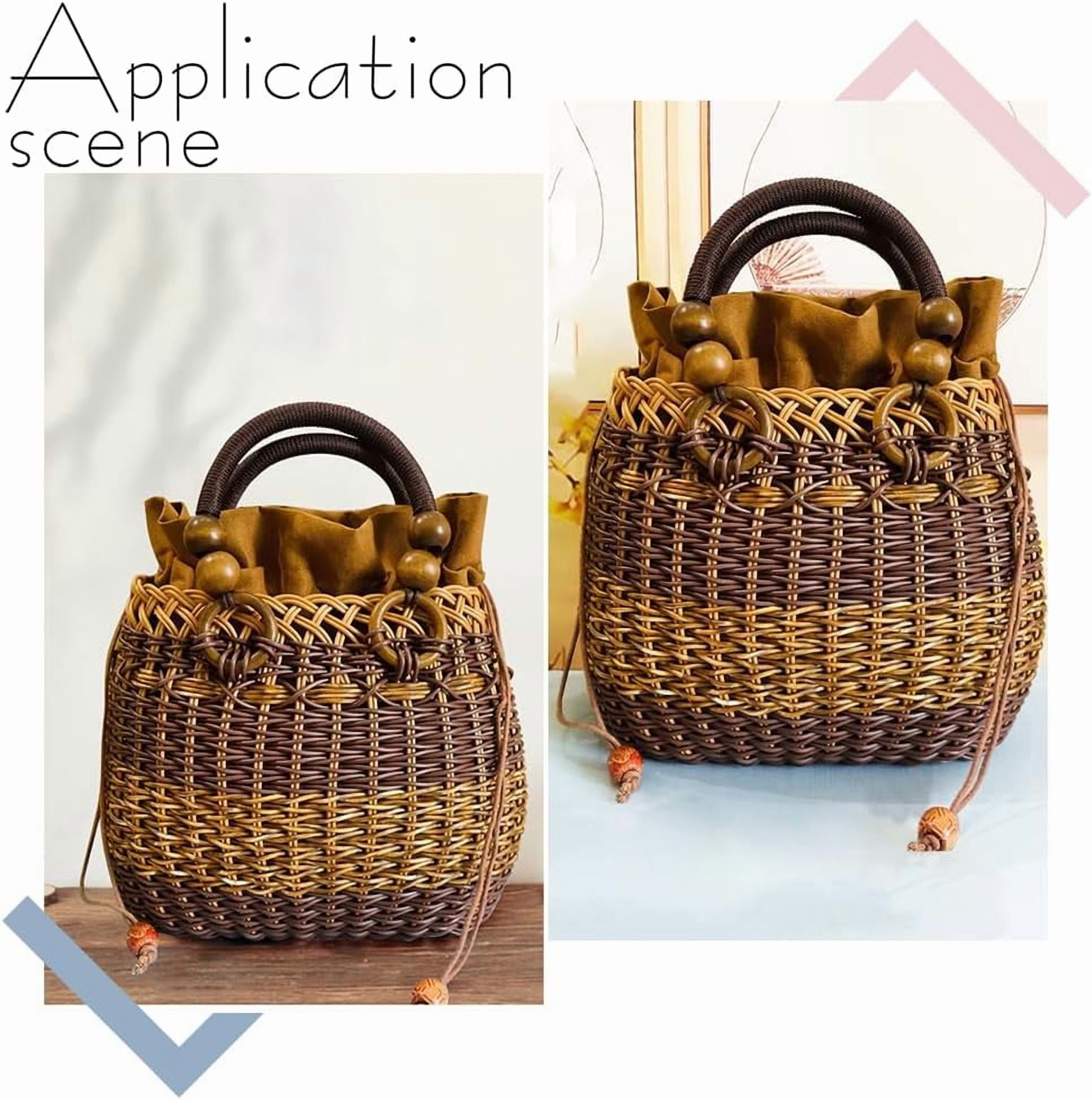 DIY Rattan Woven Handbag Making Kit DIY Women Summer Beach Bag Making Kit Handwoven Straw Bag Personalized Complete Kit Round Handle Crochet Bag Making Materials Handicraft Gift Dark Brown for DIY