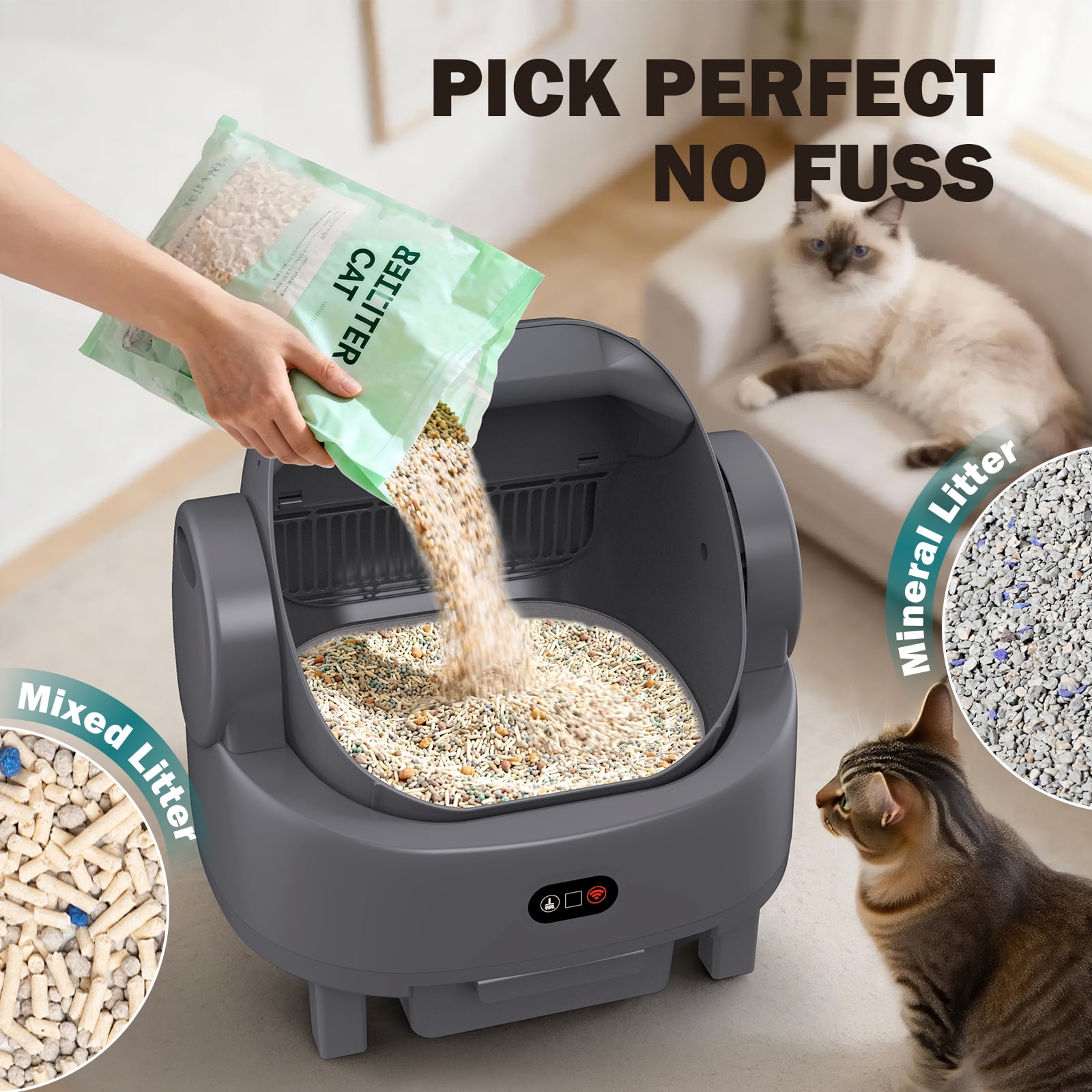 Self-Cleaning Litter Box Automatic Open-Top Cat Litter Box with App & Safety Features – Includes Litter Liners & Mat – Light Grey
