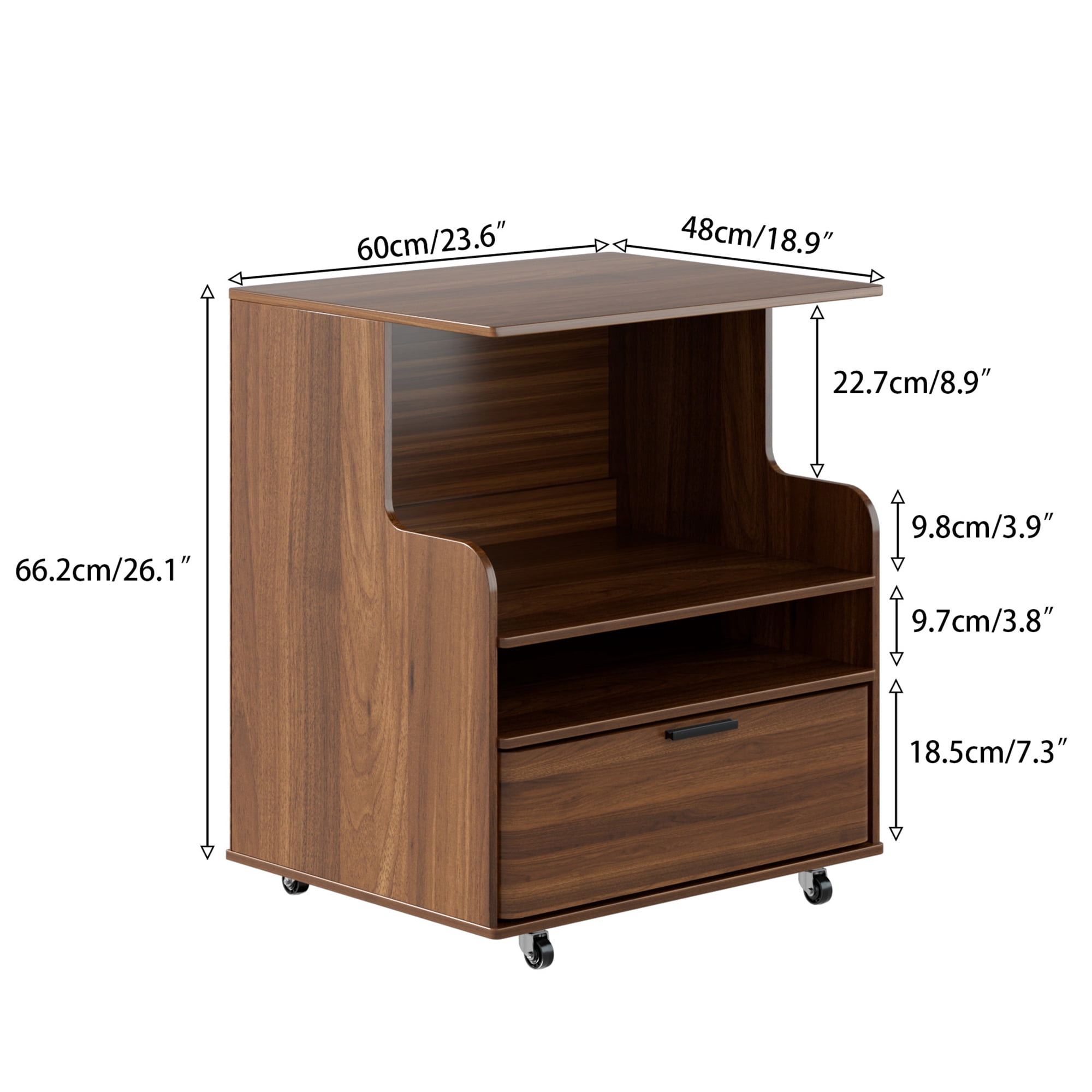 Oubayajia Printer Stand, 3 Tier Rolling Printer Cart with Wheels and Drawer, Stand for Heat Press Mini Fridge for Home Office, Walnut
