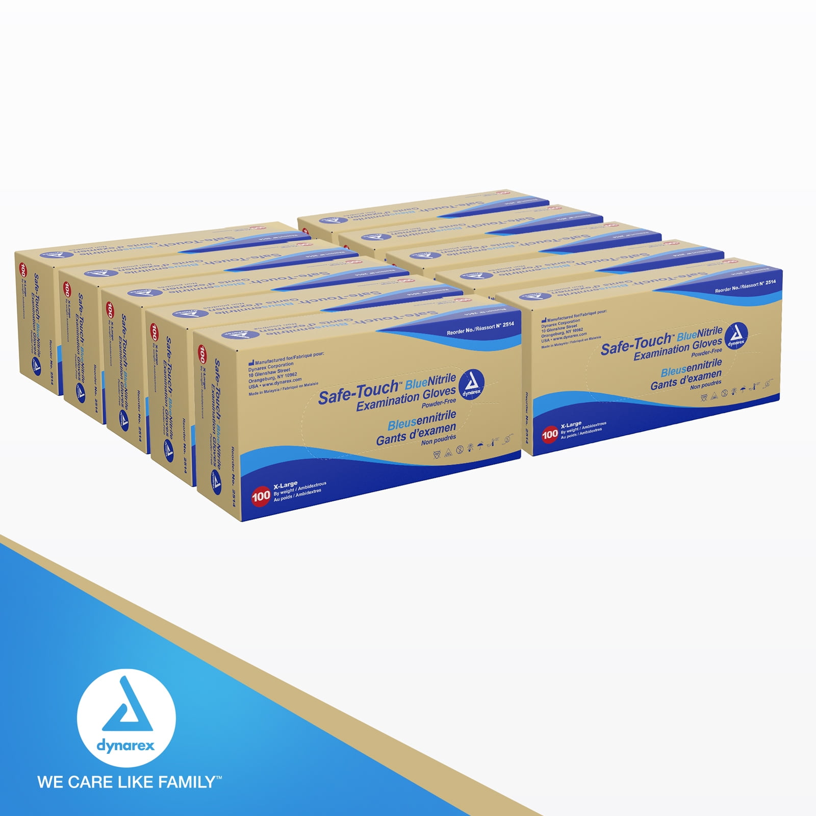 Dynarex Safe-Touch Disposable Nitrile Exam Gloves, Powder-Free, Latex-Free, Touchscreen Friendly, Blue, Extra-Large, 1 Case of 1,000 Gloves (10 Boxes of 100 Gloves)