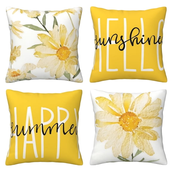 Outdoor Happy Sunshine Summer Throw Pillow Covers 20x20 inch Set of 4 Watercolor Daisy Throw Pillow Covers Hello Sunshine Summer Cushion Case Decoration for Sofa Couch
