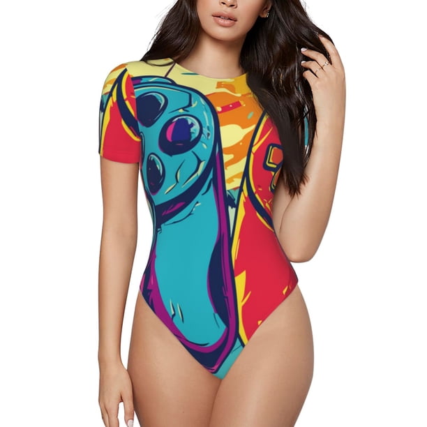 Balery Gaming Body de cuello redondo de manga corta para mujer Tops de manga corta Tops básicos-Medium