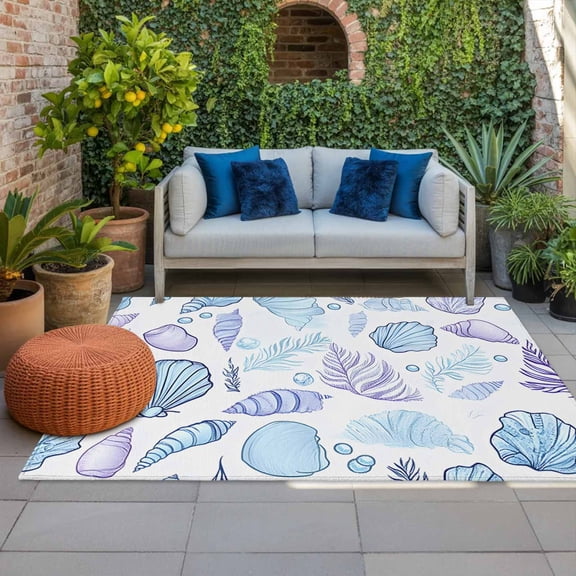 Outdoor Rug 5x8ft Blue Shell Seaweed Large Area Rug Purple Bubble Indoor Outdoor Carpet Outdoor Rugs Mats for Patio Camping,RV,Front Door, Outside Decor