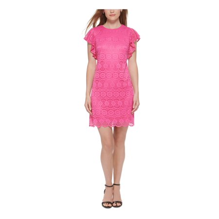 JESSICA HOWARD Womens Pink Zippered Scalloped Lace Keyhole Back Sheer Floral Flutter Sleeve Round Neck Above The Knee Sheath Dress Petites 10P