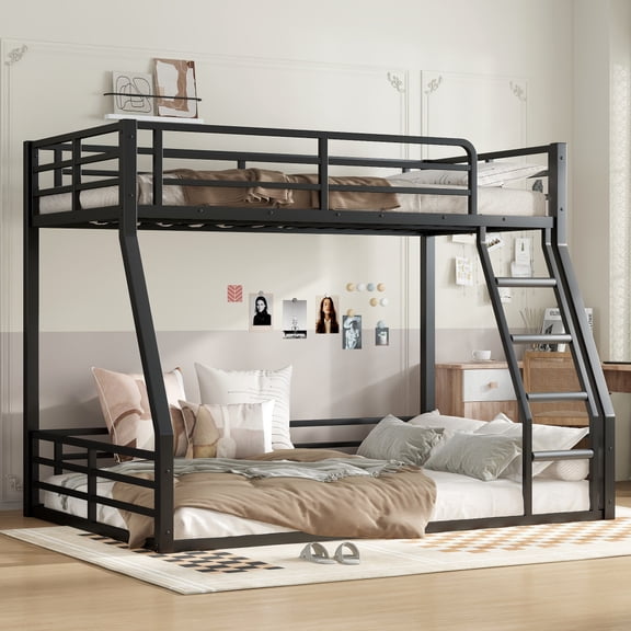 Twin over Full Metal Floor Bunk Bed Frame – Low-Profile Heavy-Duty Bunk Bed with Full Guardrails, Noise-Reduced Design for Kids, Teens & Adults, Space-Saving, Black