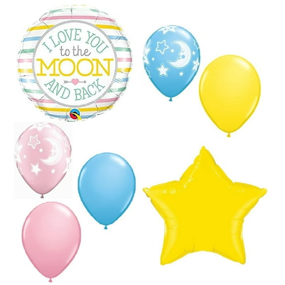 DalvayDelights 7 pc It's a Baby Boy Girl Stars & Moon Love You to The Moon Back Stripes Balloon Bouquet Party Decoration Welcome B