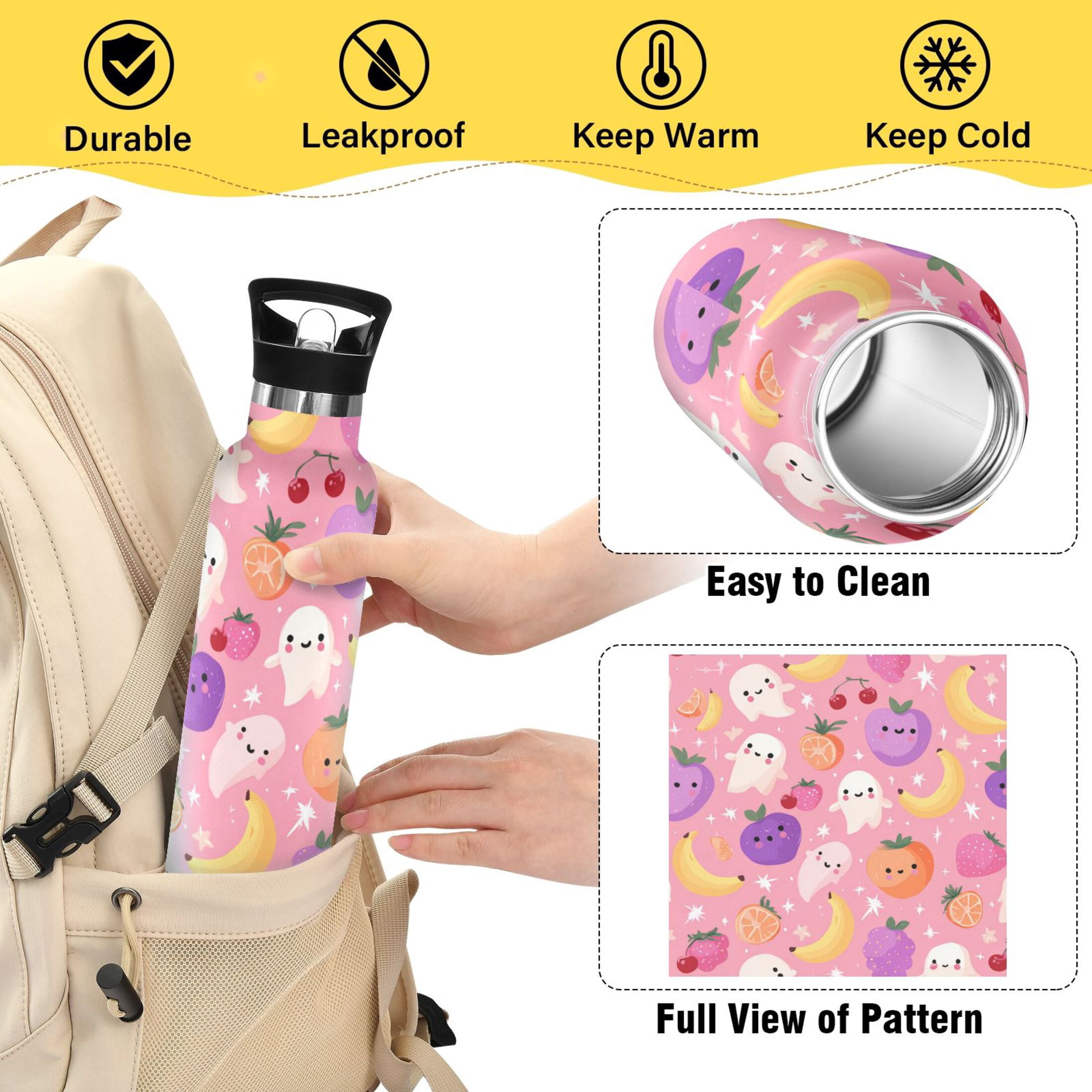 Kids Insulated Stainless Steel Sports Water Bottle 600ml (20oz) Fruit and Little Ghosts