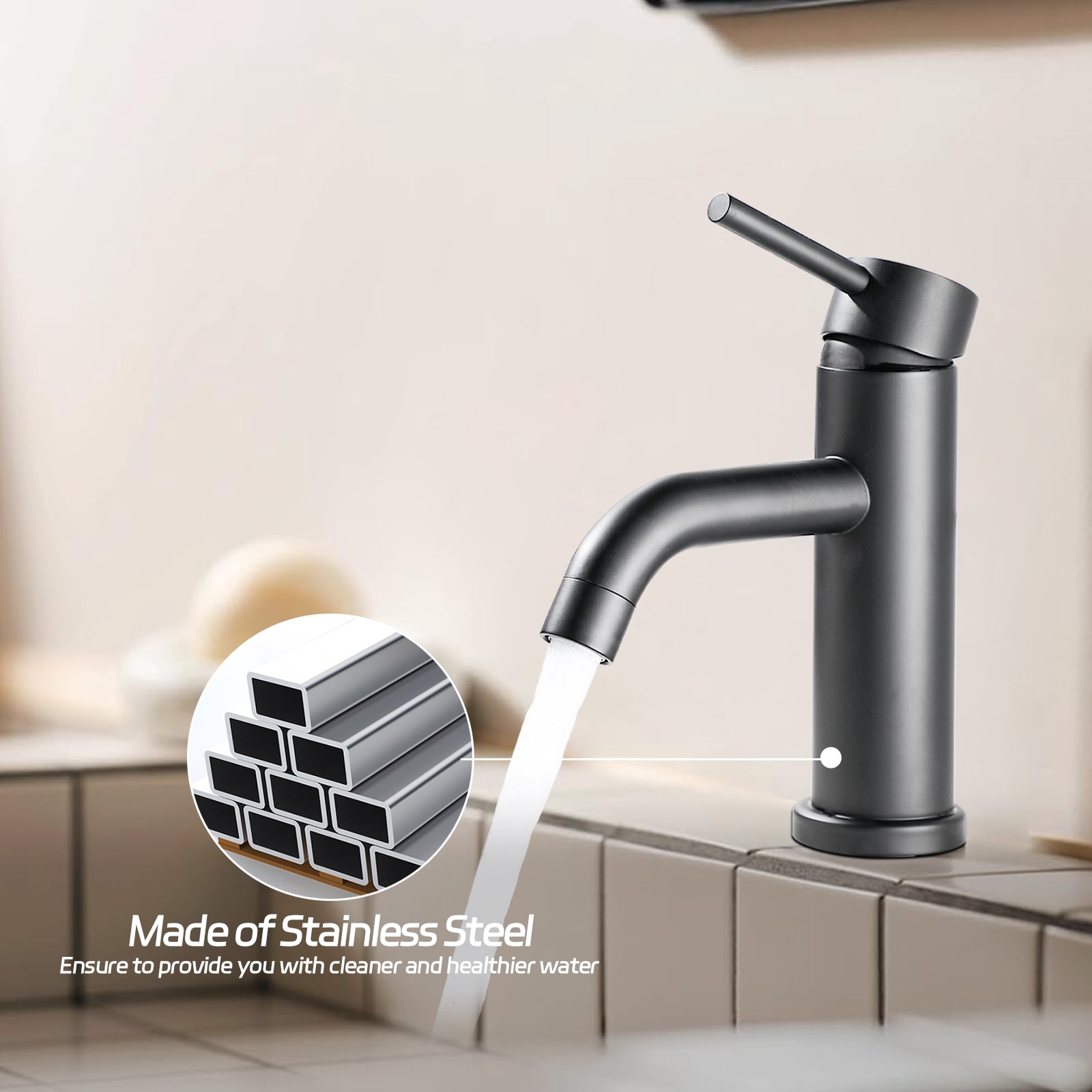 Premium Modern Bathroom Faucet,Single-hole vanity mount design,Streamlined contemporary styling,Ideal for modern bathroom vanities and sinks,Easy installation,Matt Black