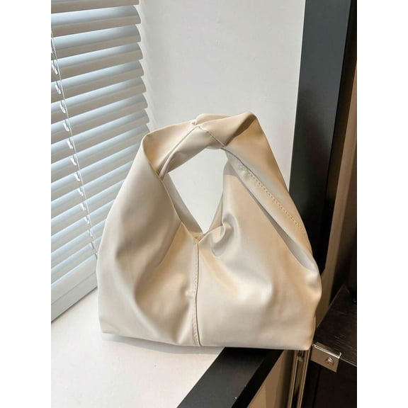 Beige PU Leather Knot-Handle Slouchy Shoulder Bag, Minimalist Small Tote