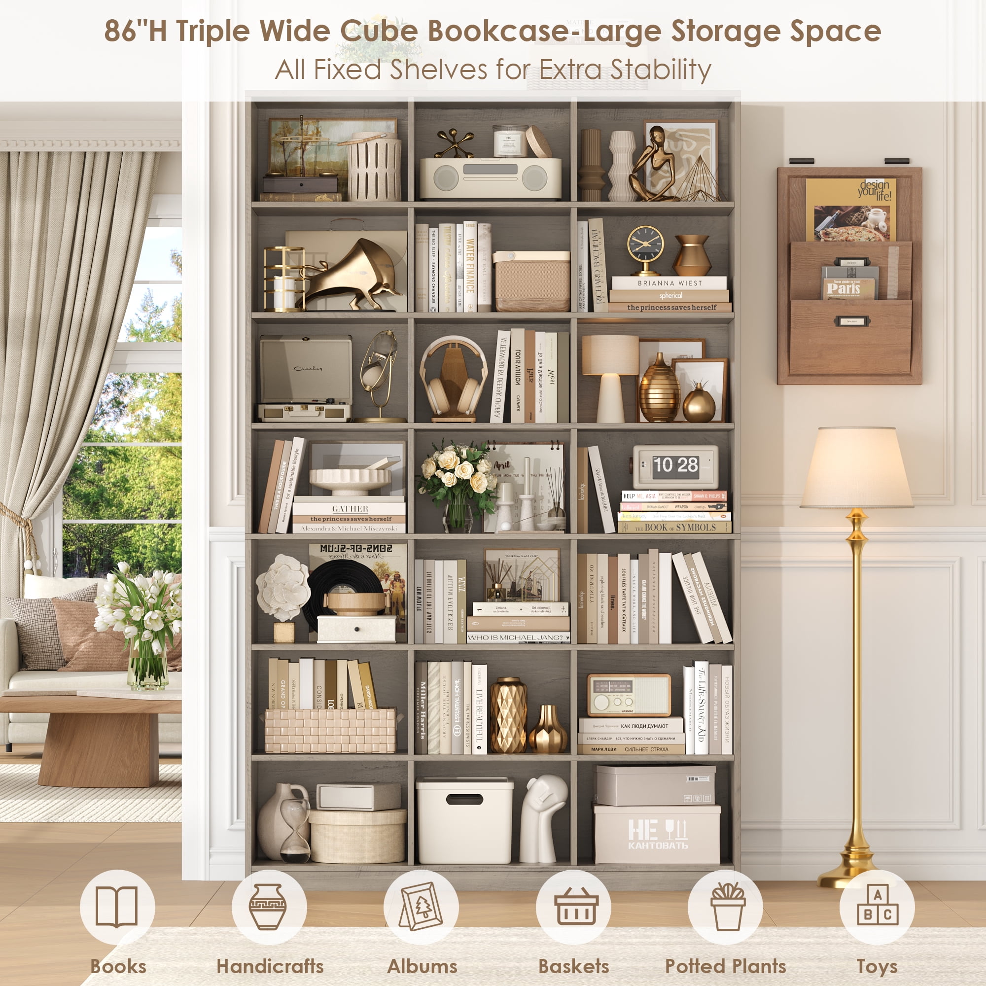 Hiphuta 21-Cube Bookcase, 86"H Tall Wooden Bookshelves for Bedroom, Living Room and Office, Freestanding Display Shelves Cube Organizer, Ash Gray