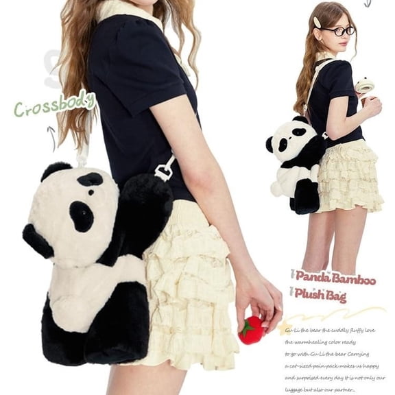 Meggemo Fashion Panda Plush Bag Cute Soft Stuffed Animal Bag Valentine's Day Sweetheart Gift Daily Use Shoulder Bag Fashion Accessory for Romantic Celebration
