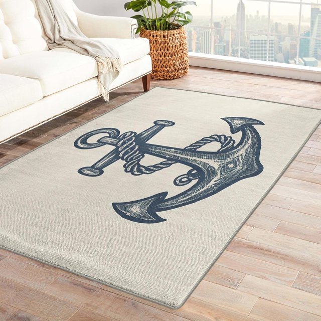 4x5 Anchor Rugs for Bedroom Living Room, Nautical Area Rug for Home Decor, Soft Machine Washable Non Slip Low Pile Indoor Carpet DTSX1050