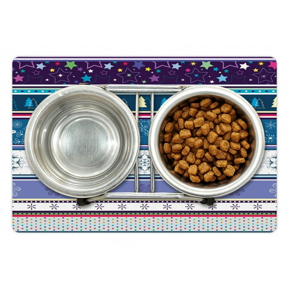Striped Pet Mat for Food and Water, Horizontal Mixed Christmas Elements Design with Dots Snowflakes Stars Retro Image, Non-Slip Rubber Mat for Dogs and Cats, 18" X 12", by Ambesonne